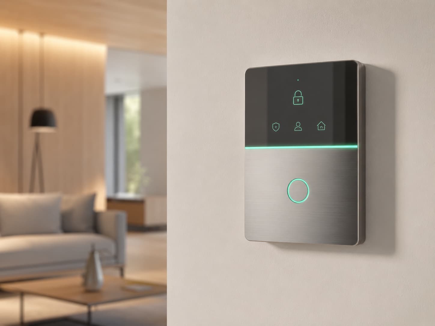 Panel de alarma moderno montado en pared — sistema de seguridad para el hogar